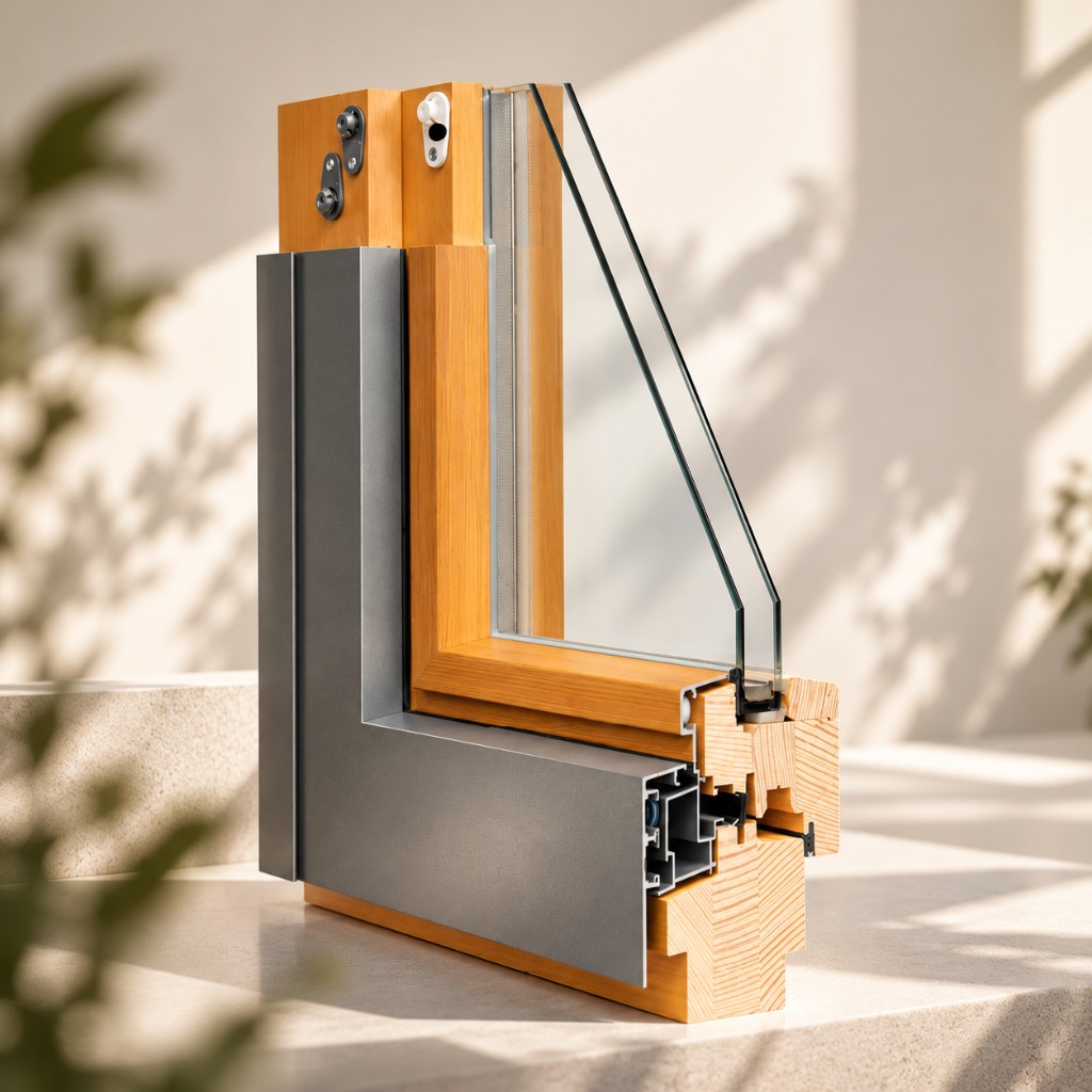 Schnitt durch ein Holzfenster mit Aluverkleidung außen.